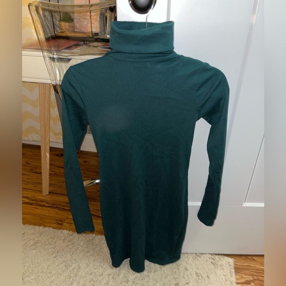 dark green ribbed turtle neck dress